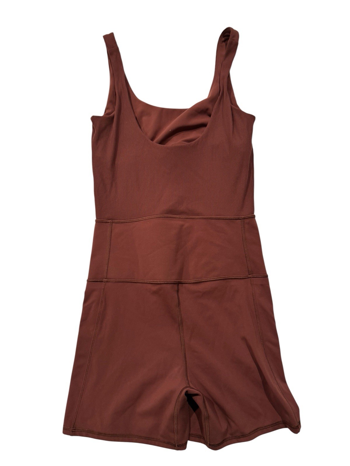 Vuori Ribbed Activewear Romper Mahogany Brown Womens Yoga Bodysuit Pockets