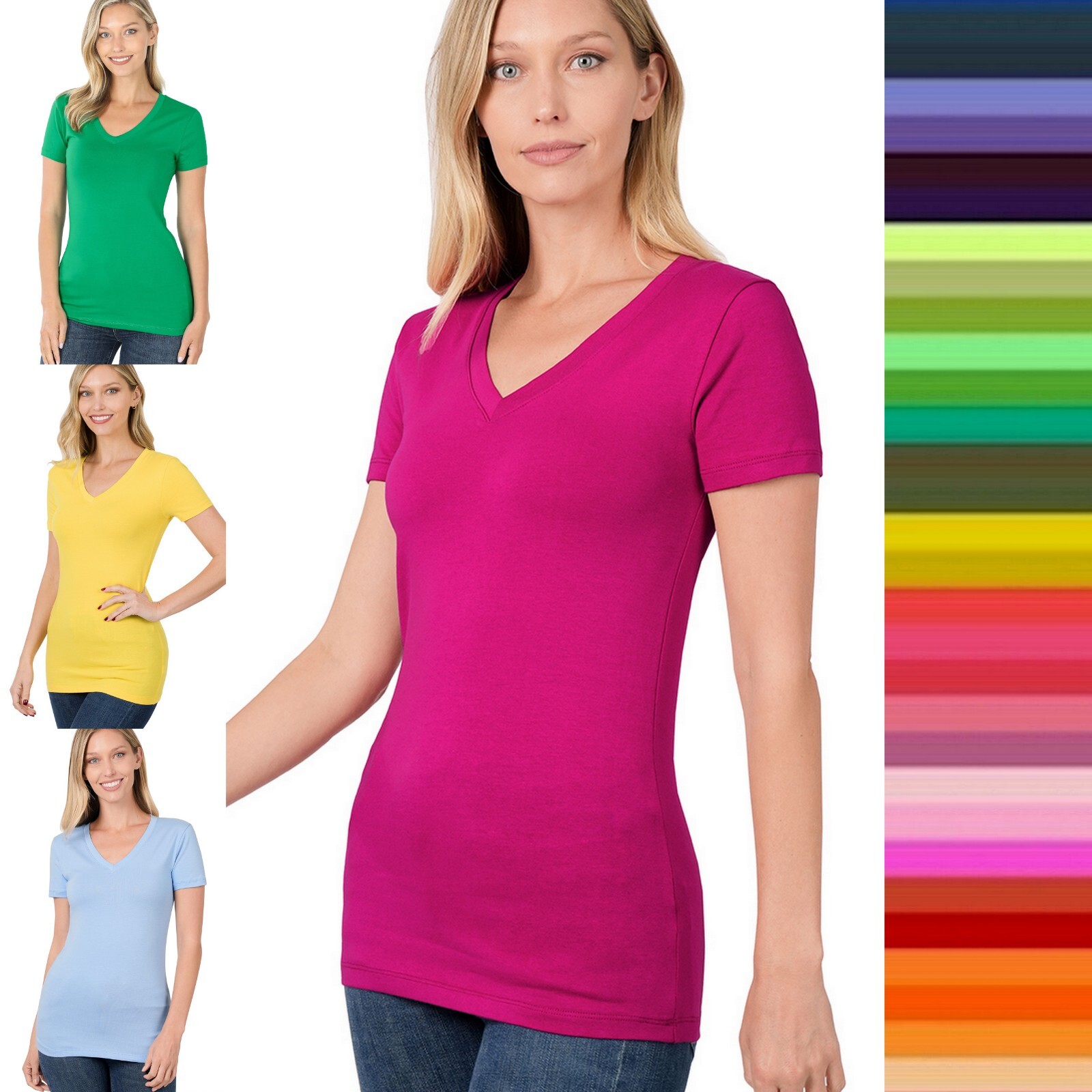 Women’s V-NECK Basic Cotton Short Sleeve T-Shirt Soft Stretch Plain Top Tee