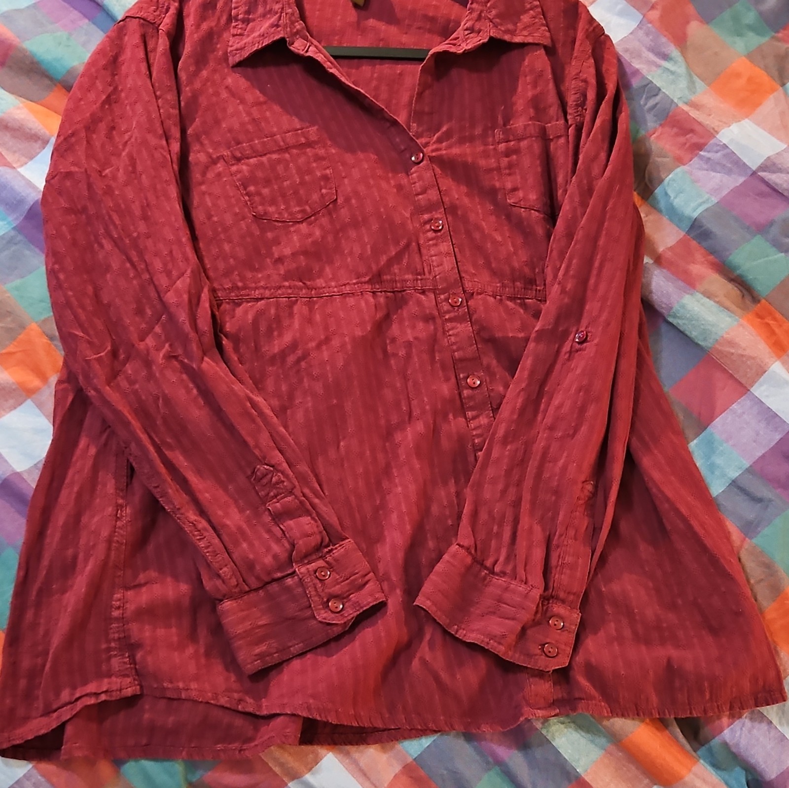 Sonoma Life + Style Burgundy Collared Long Sleeve Woven Cotton Button-Up XL
