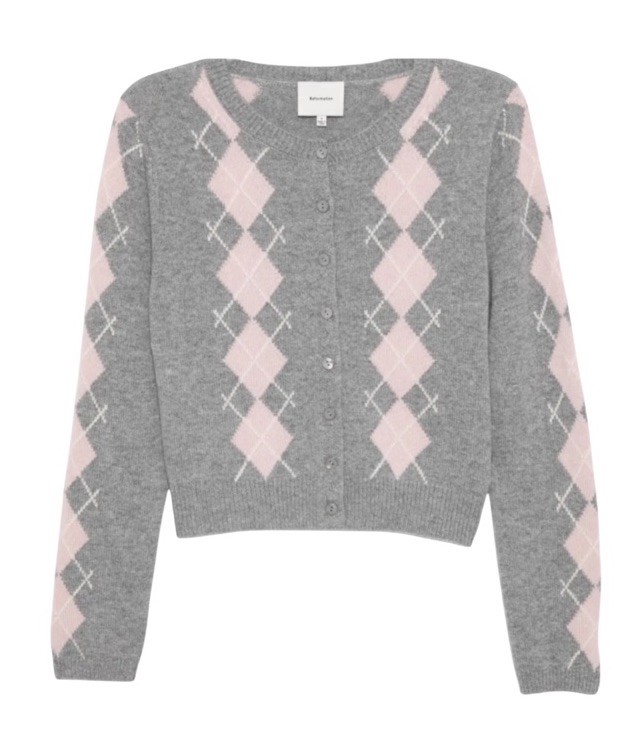 Reformation Clara Argyle Cashmere Crew Cardigan Medium