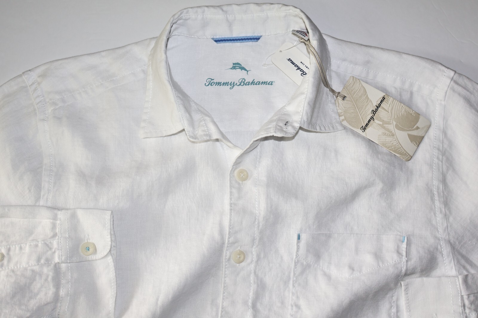 Tommy Bahama Shirt Sea Glass Breezer White Solid Linen New LS Medium M