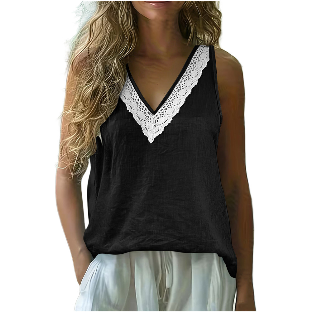 Loose Fit Solid Color Women’s Cotton Blouse V Neck Lace Trimmed Casual Style