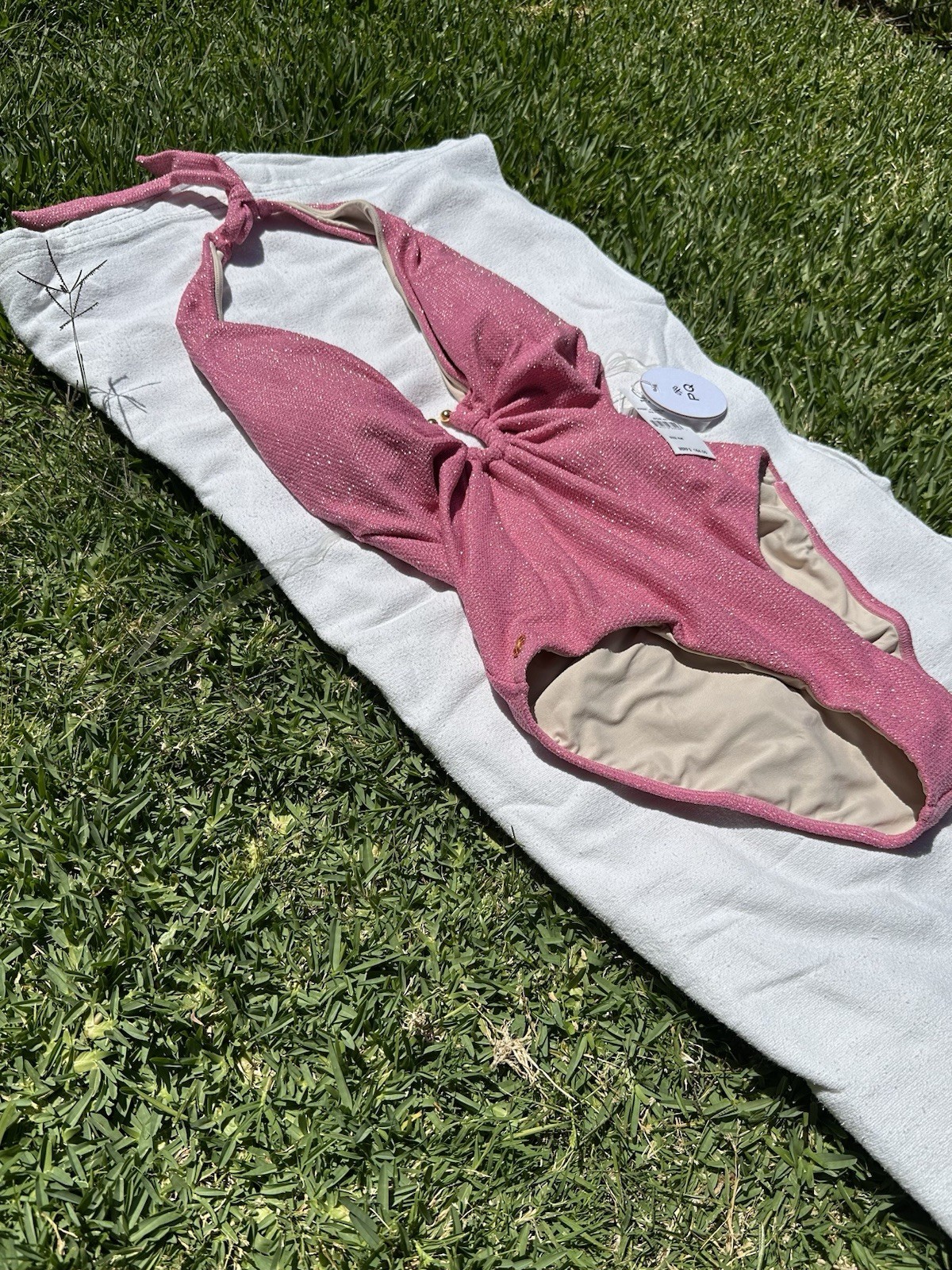 PQ Swim Pink Sparkle Plunge One Piece Swimsuit NWT Medium Luxury