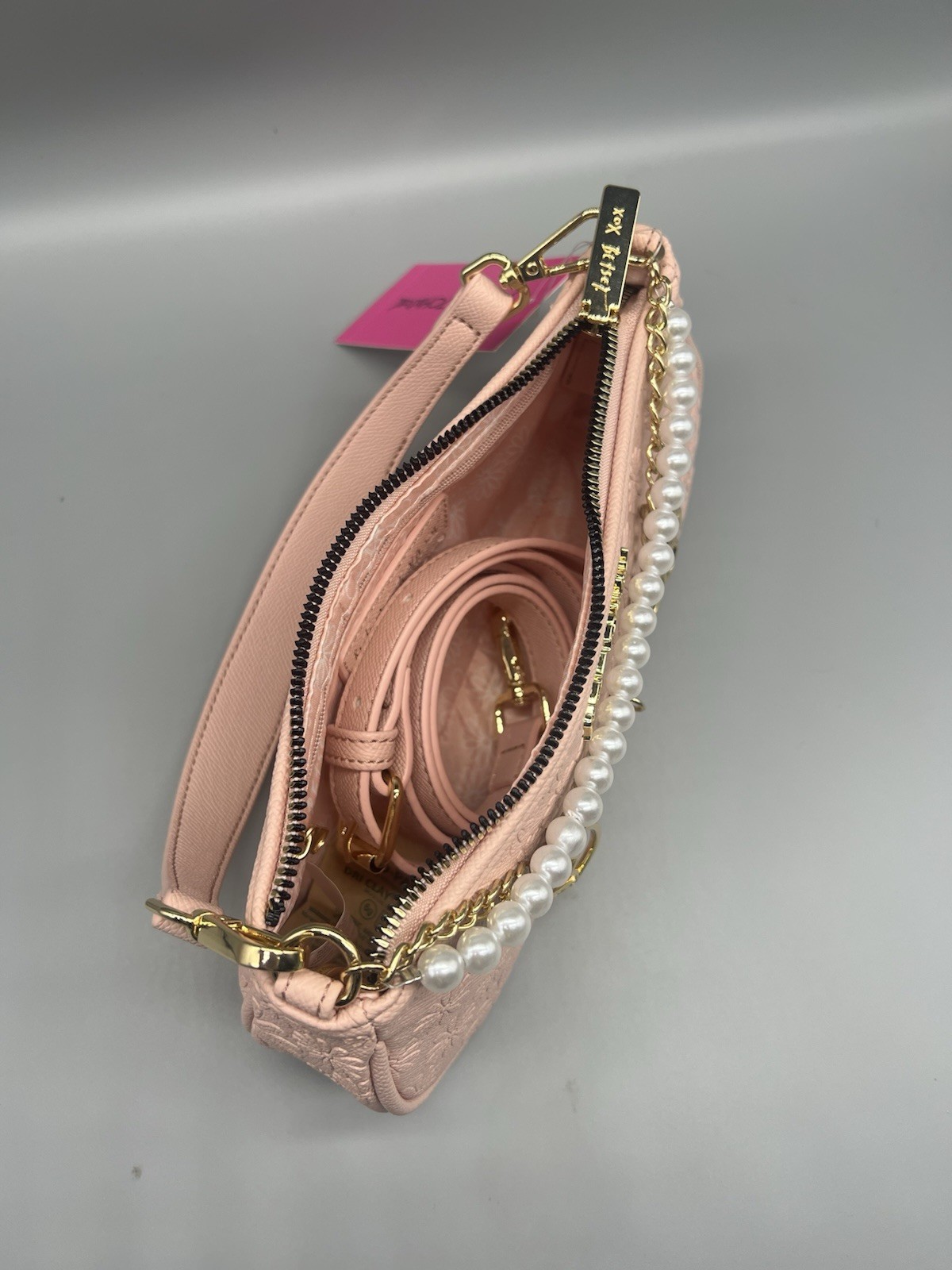 Betsey Johnson Pink Embossed Shoulder Bag Zip Pearl Chain Detach Strap NEW