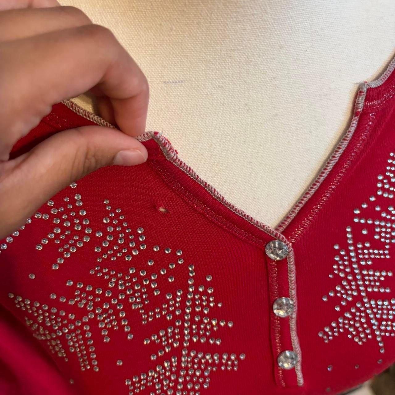 Christopher & Banks Red Snowflake Rhinestone Henley Top