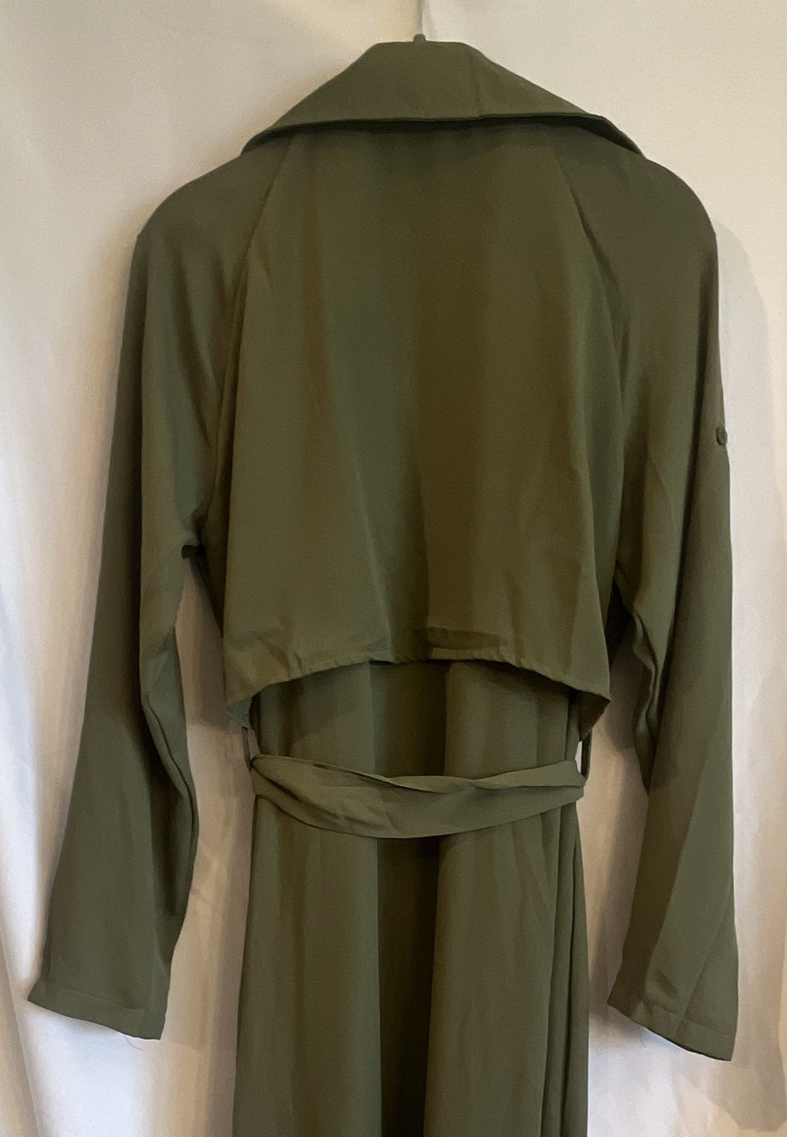 Women’s Green Long Polyester Trench Coat Solid Classic Belted Tie Closure Size L