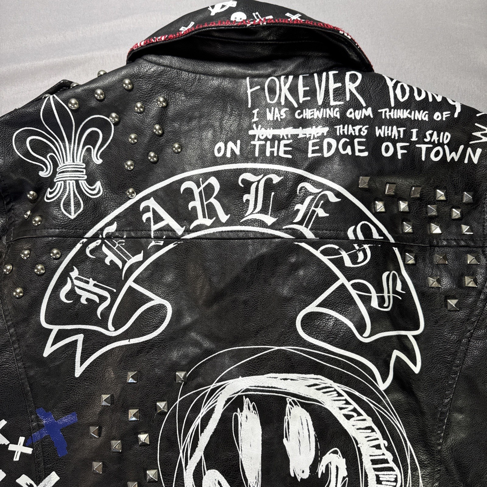 Smoke Rise Graffiti Vegan Leather Jacket Large Studded Punk Rock Moto Music NWT