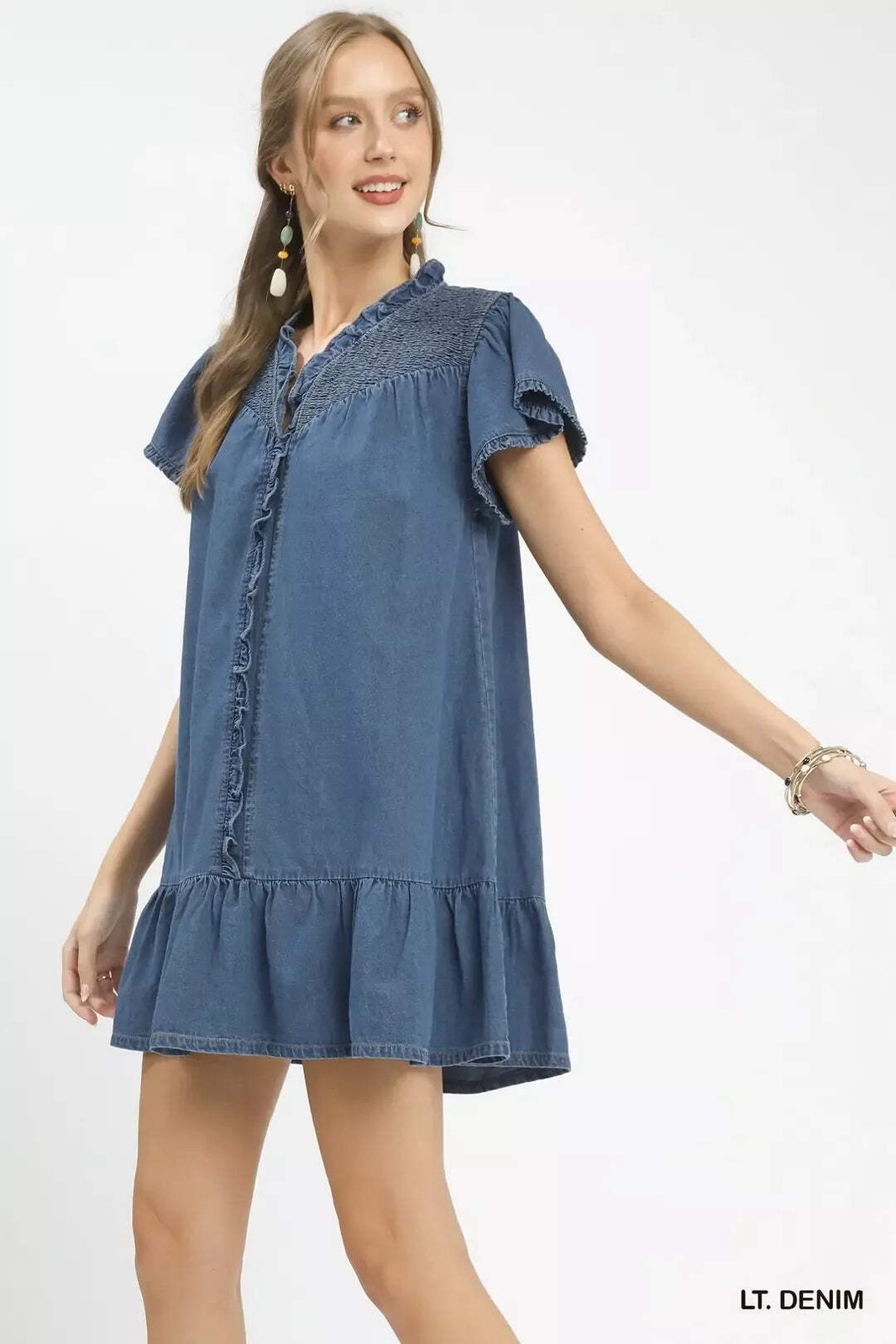 Umgee 100% Cotton Blue Denim Ruffled Collar Flared Short Sleeve Ruffle Hem Dress