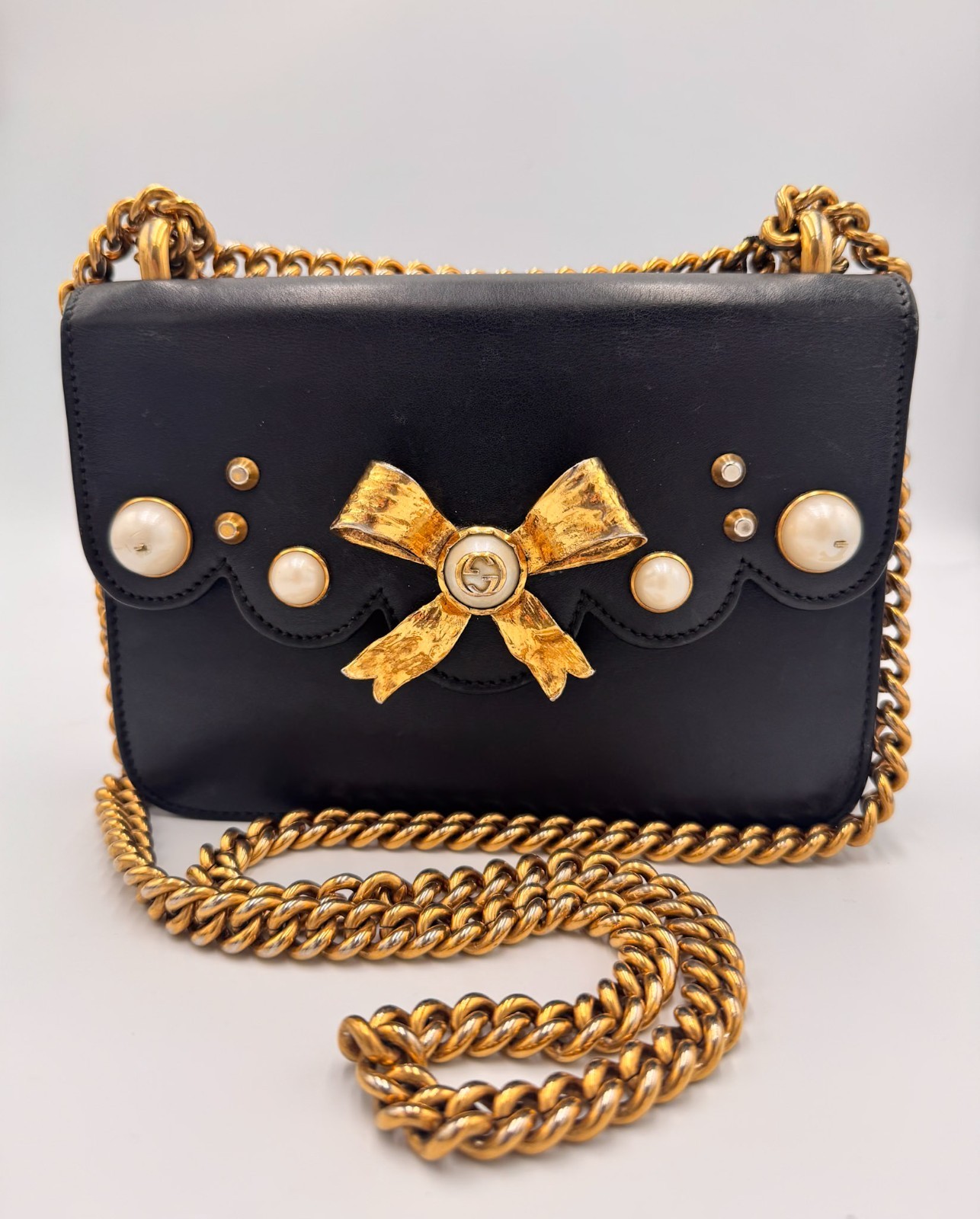 Gucci Broadway Pearl Bow Shoulder Bag Black Leather Gold Chain Authentic