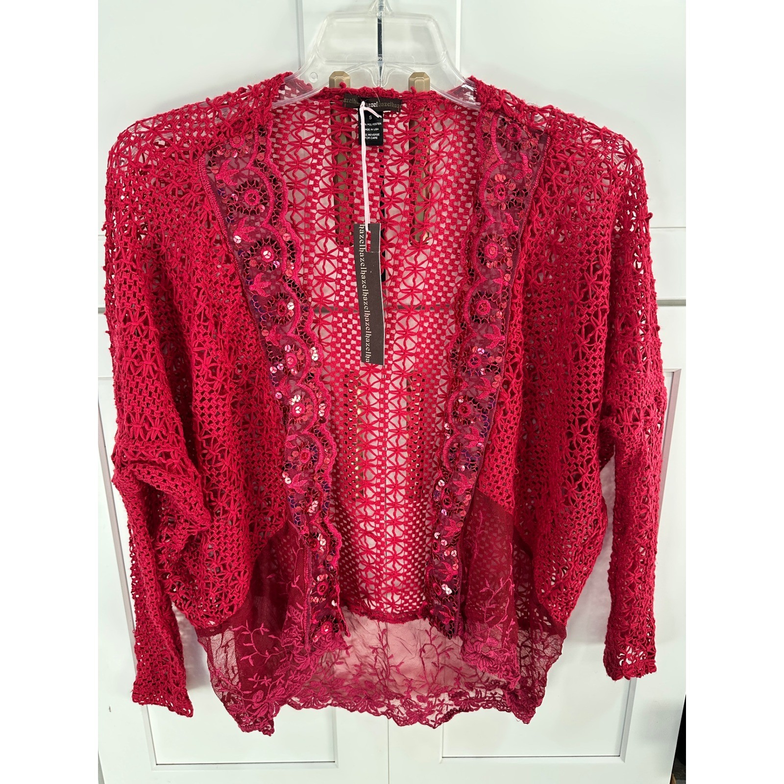 Hazel and Twine Red Lace Sequin Open Front Cardigan Bolero Shrug Sweater S