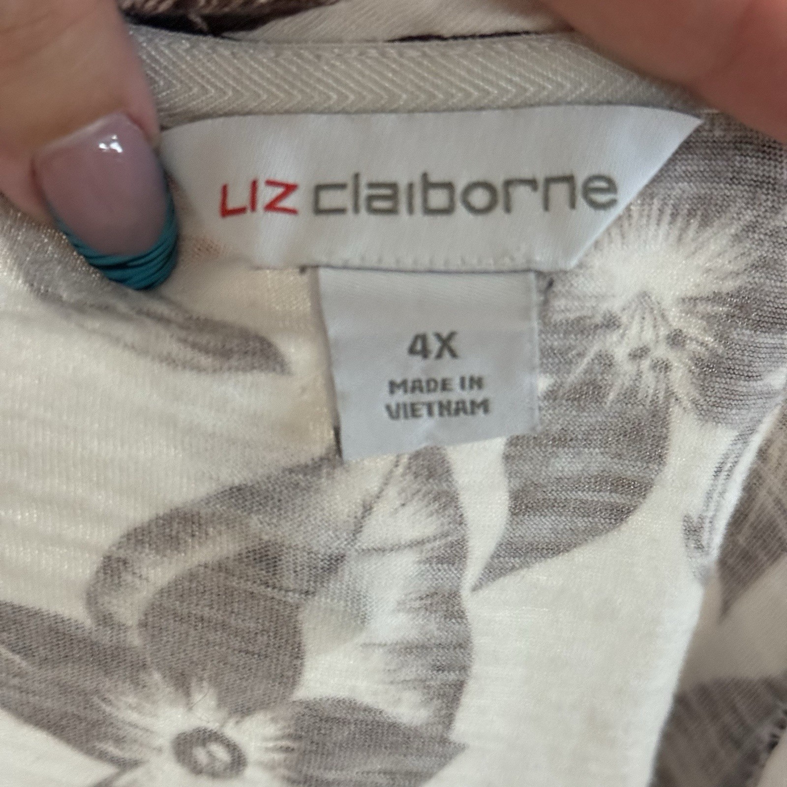 Liz Claiborne Women’s Plus Size 4X Floral Tie Sleeve Top White Brown Cottagecore