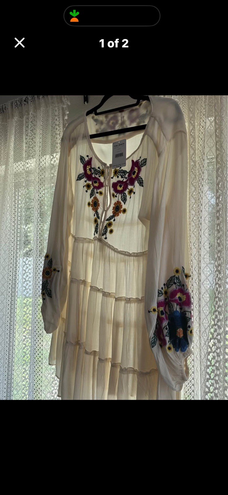 Free People Ecru Floral Embroidered Tie V-Neck Long Sleeve Tunic Blouse M