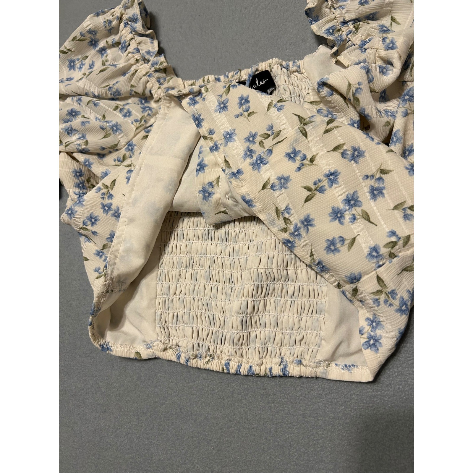 Lulus Floral Puff Sleeve Top Cream Blue Square Neck Smocked Back Blouse Small