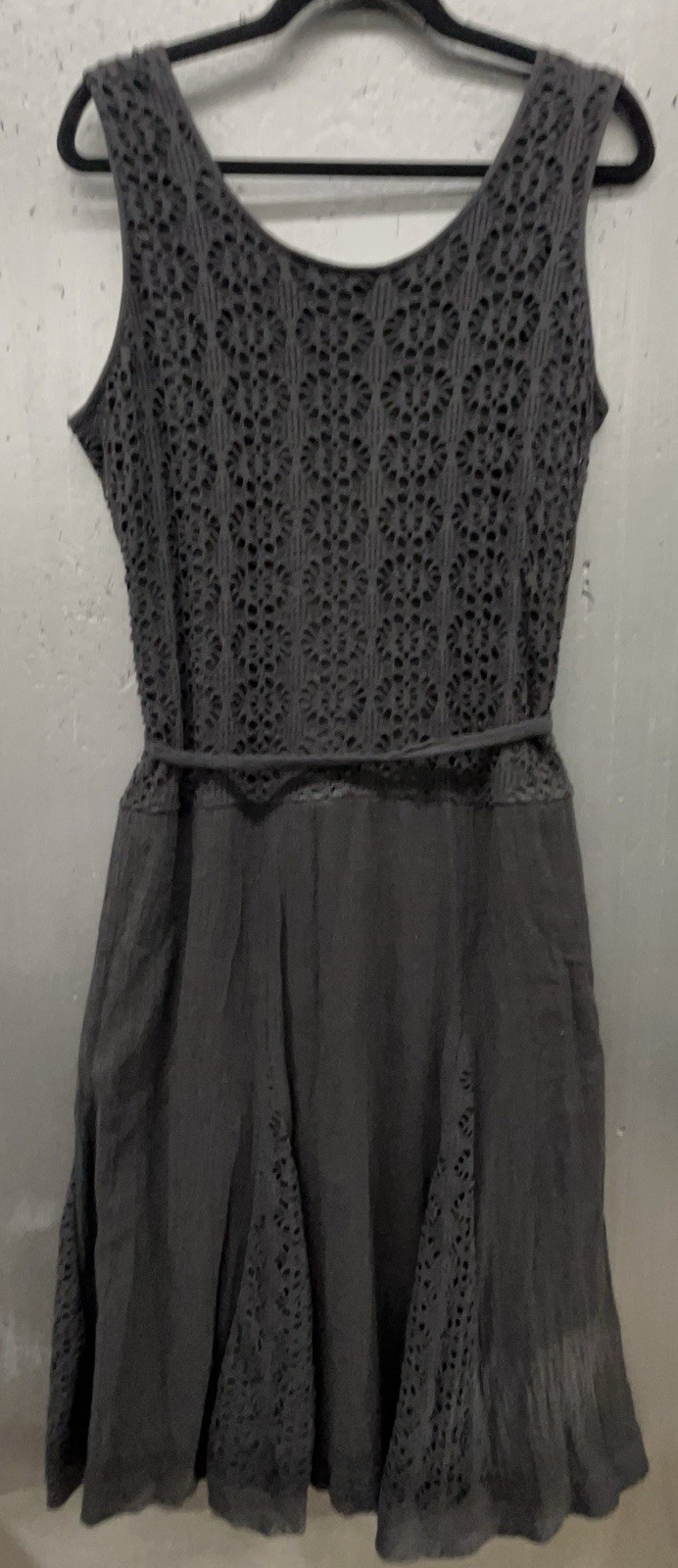 Black Cotton Dress 14/16 Crochet Belt Flare Ruffle Dark Romantic Coastal Cottage