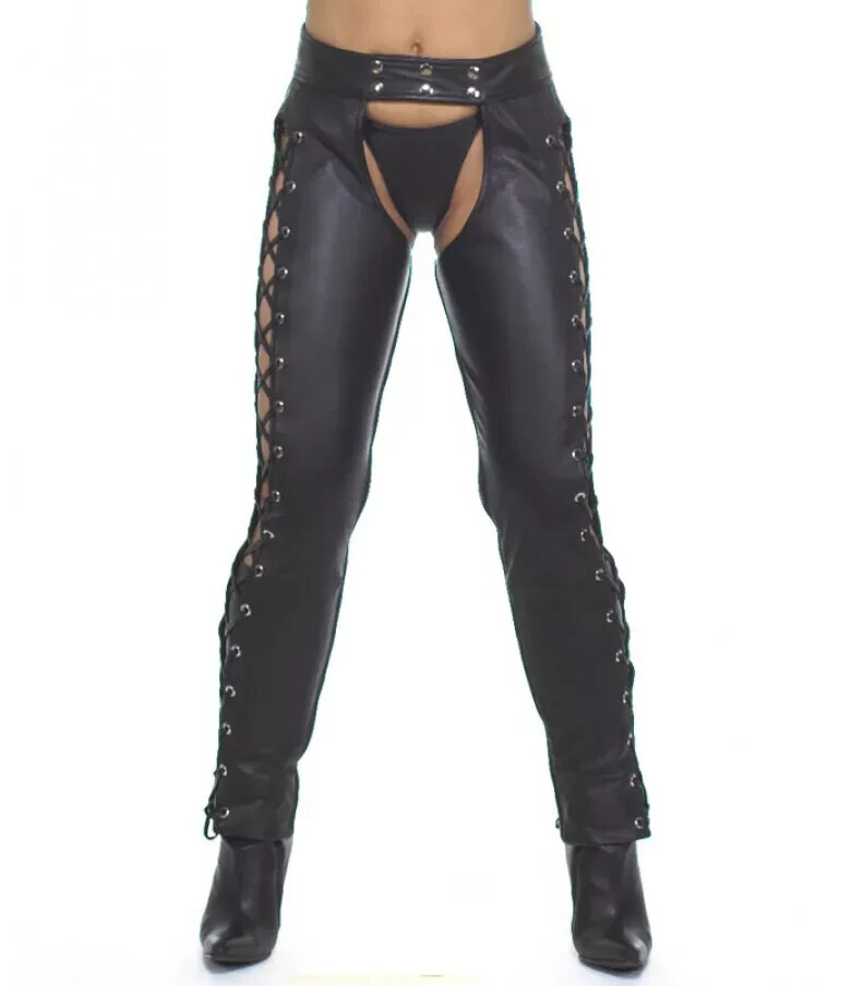 Women’s Real Leather Chaps Laces Up Black Leather Chaps Ladies Laces Up Chaps