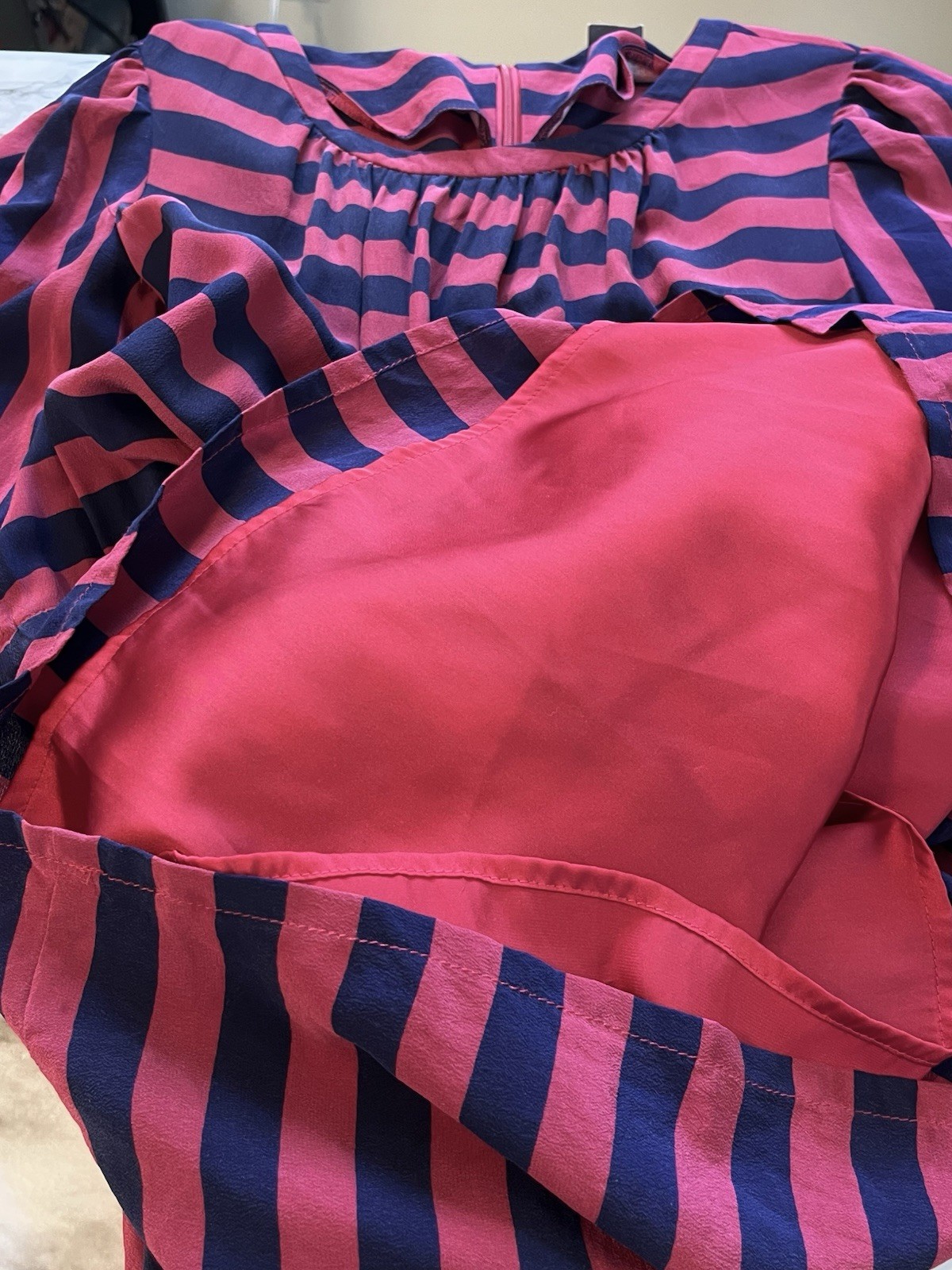 Tegan 100% Silk Dress Sz 4 Long Sleeve Nautical Red Blue Stripped Preppy Pockets