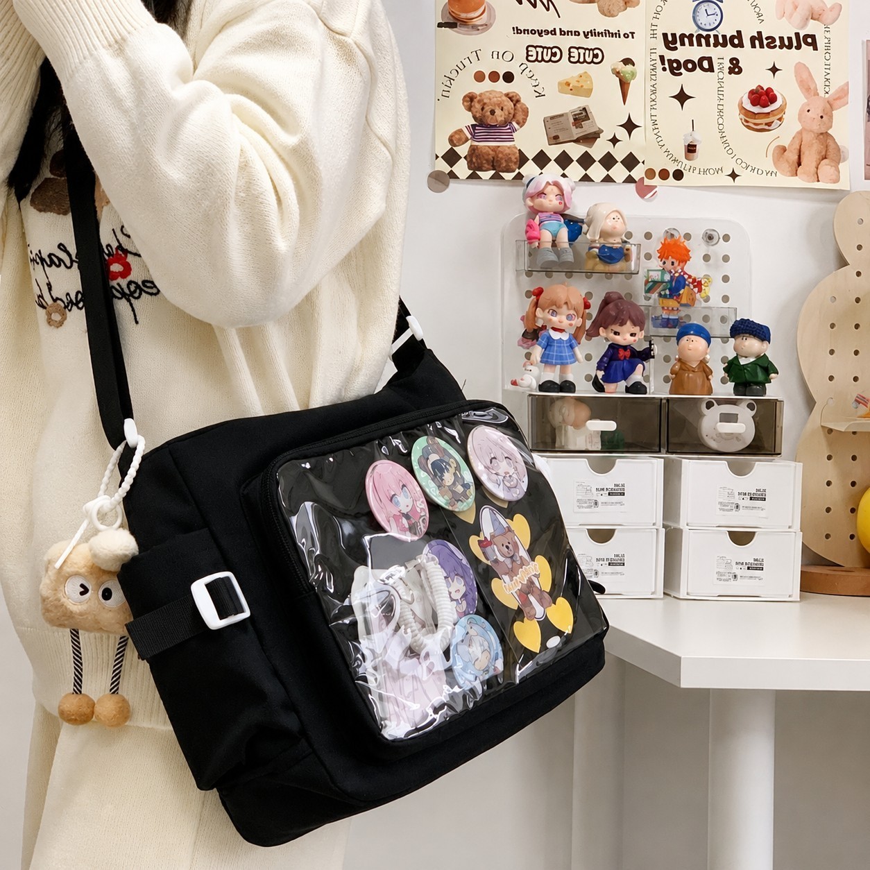 Preppy Style Transparent Large Capacity Shoulder Crossbody Bag + Plush Pendant
