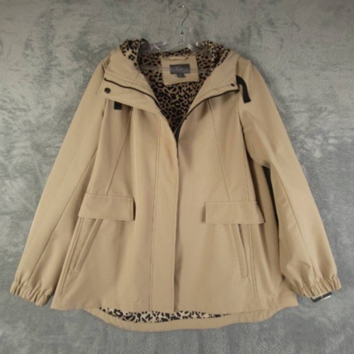 Gallery Jacket Womens M Softshell Beige Full Zip Snap Hooded Lined Stretch New