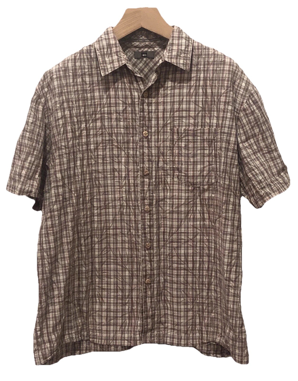 REI Shirt Mens Large 100% Organic￼ Cotton Short Sleeve Plaid Button Down Classic