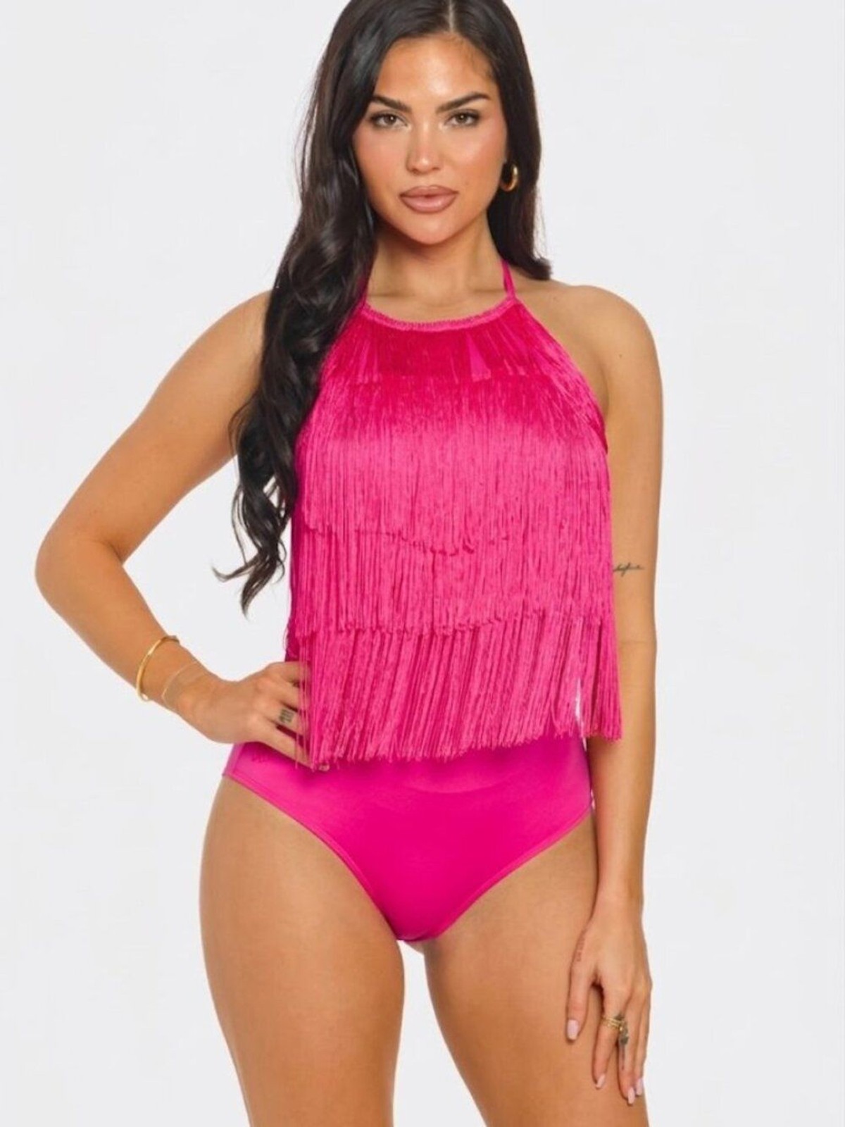 NEW NWT HOT PINK Halter Neck Fringed Contrast Bodysuit Back Tie Large