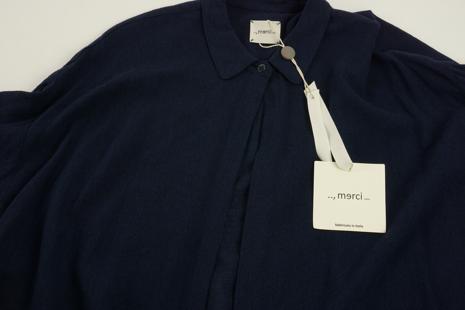 New Merci Women’s Small Dark Blue Woven Wool Viscose Open Lace Closure Blouse
