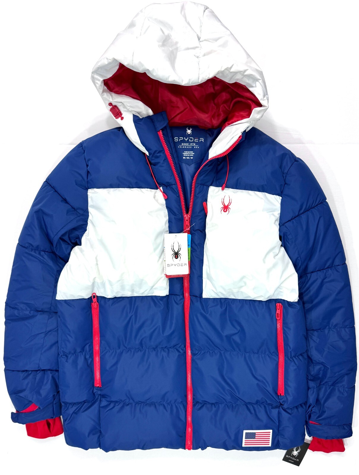 Spyder Puffer Jacket USA Ski Team Patch Red White Blue Camo Web Sizes S, M, L