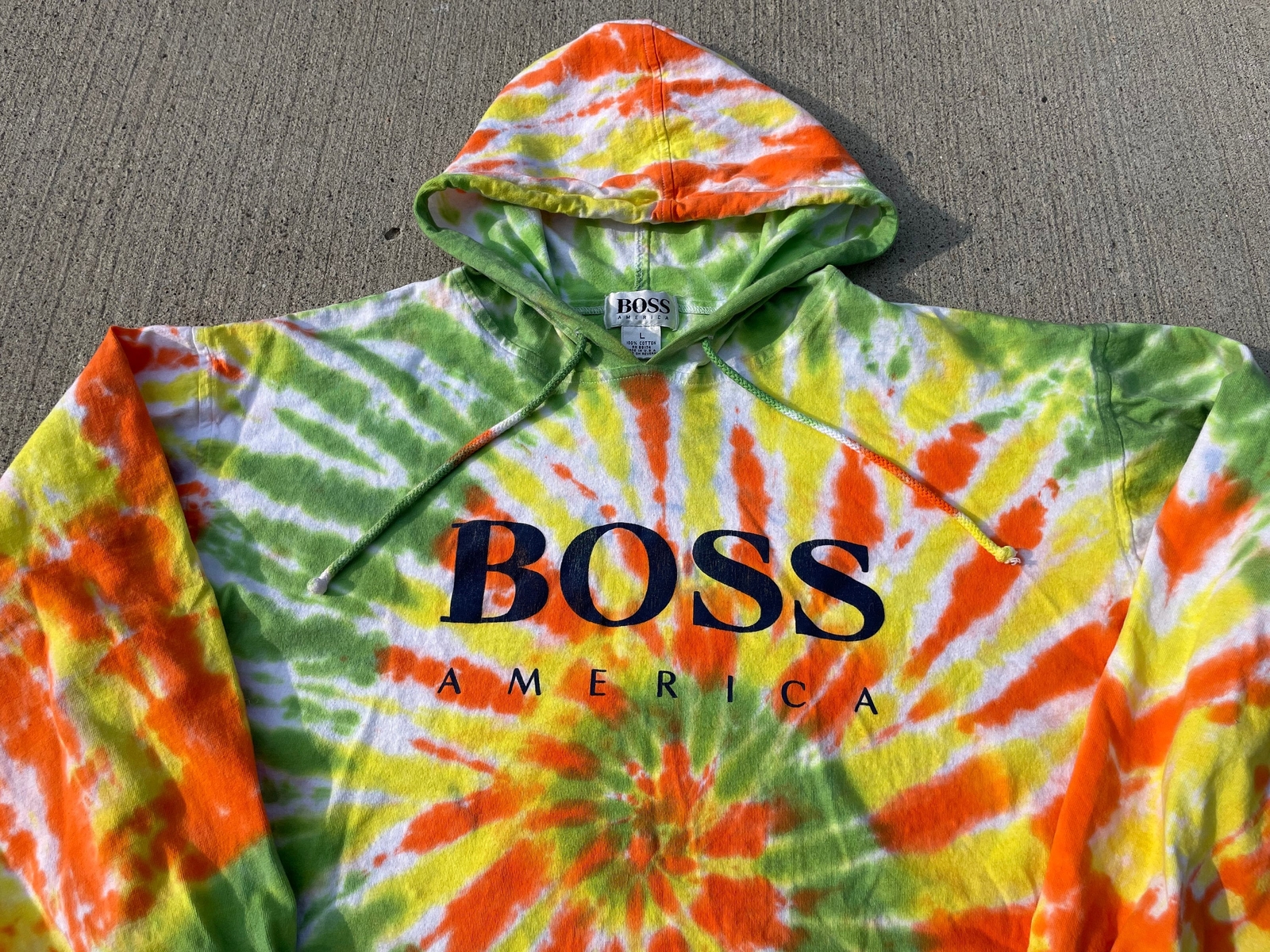 vintage tie dye BOSS America hooded shirt – sz L – hoodie grunge 90s hip hop