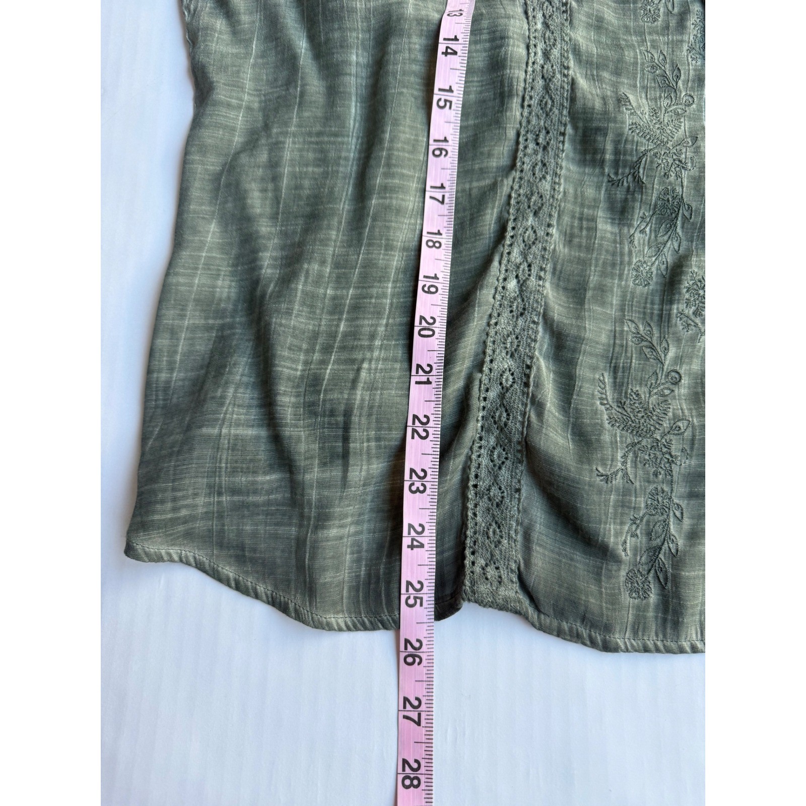 Spense Olive Green Embroidered Boho Blouse Lace Trim Ruffle Sleeve Top XL