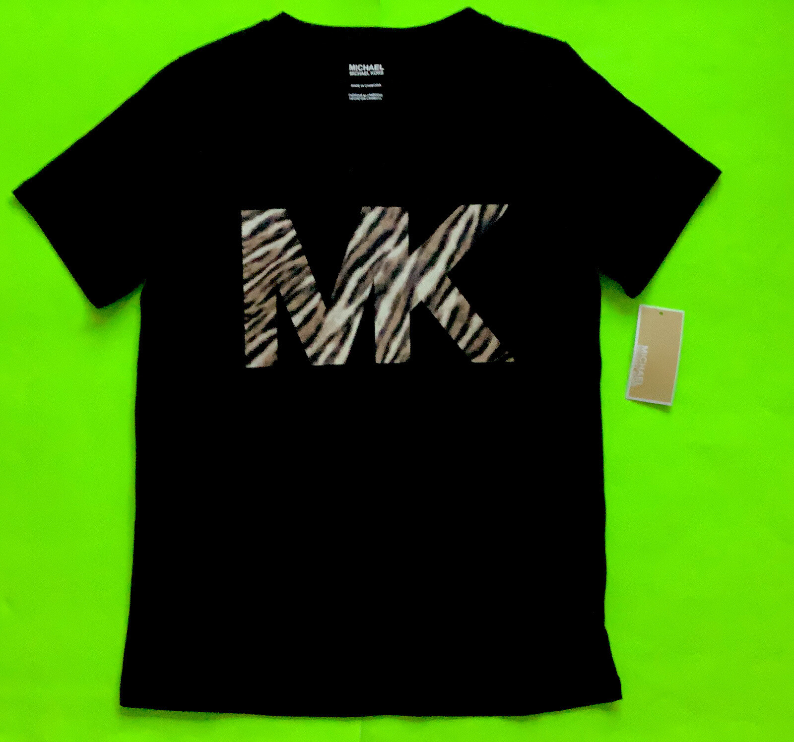 MICHAEL KORS Women’s Short Sleeve T-Shirt X-SMALL Black w/Leopard MSRP $68