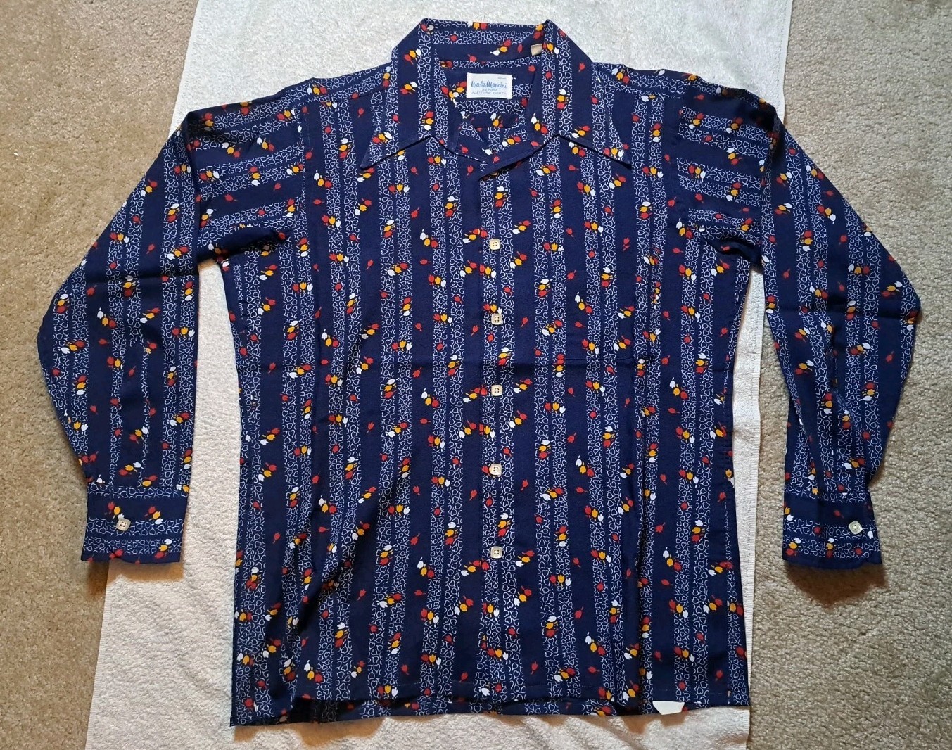 Vintage Nicola Mancini Pleisure Shirt Geometric Button Blue Large Pocket 70s 80s