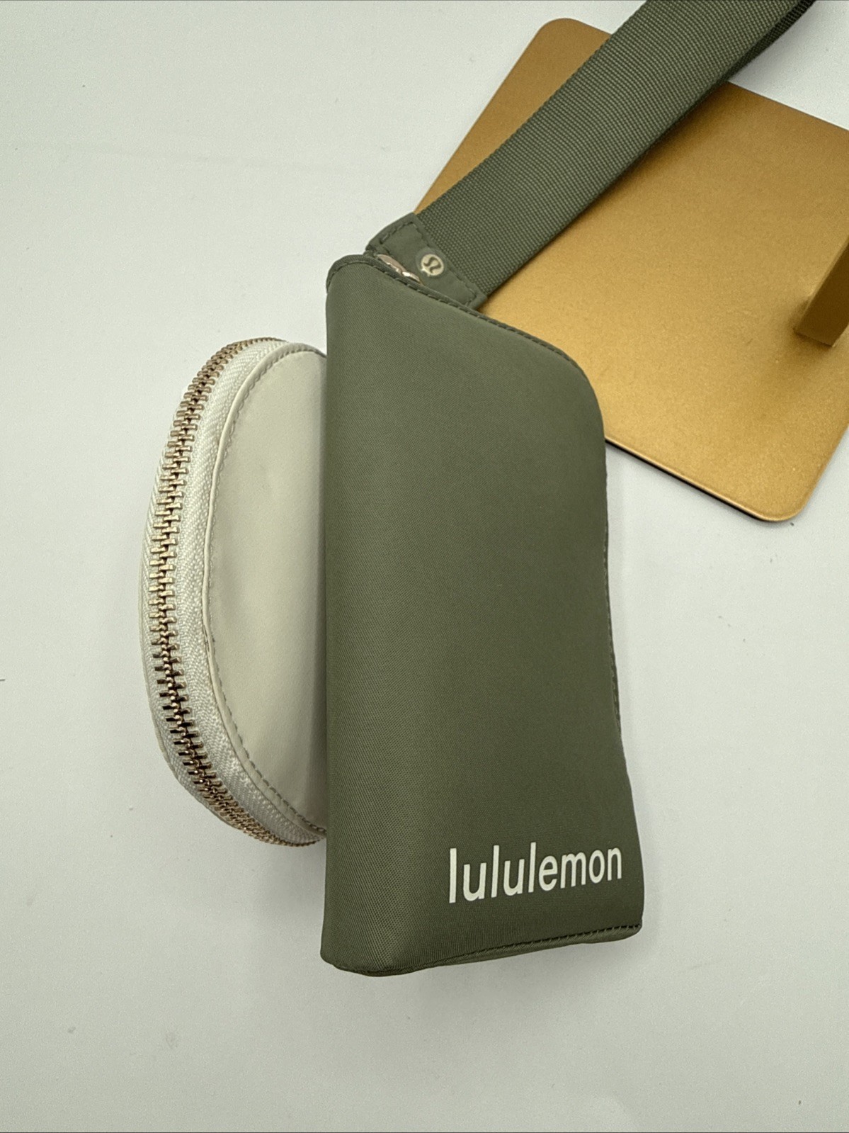 Lululemon Dual Pouch Wristlet Full Size Bayleaf Ivory Gold Hardware NWT