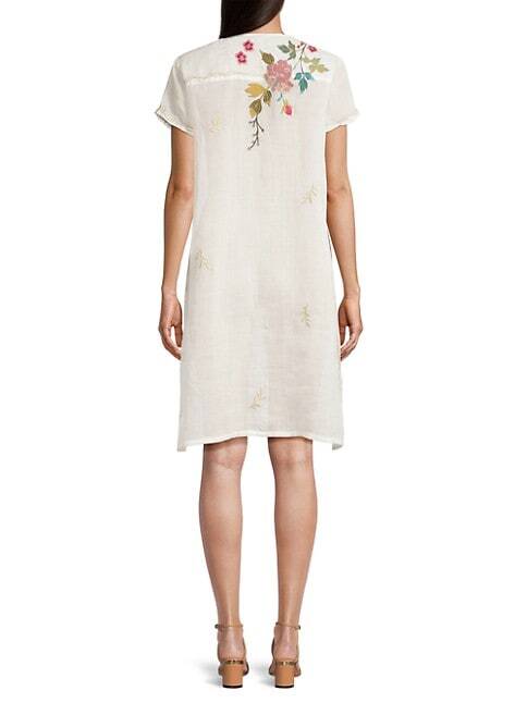 Johnny Was Adele Drape Tunic Dress Floral Embroidery Flowers White Ramie New