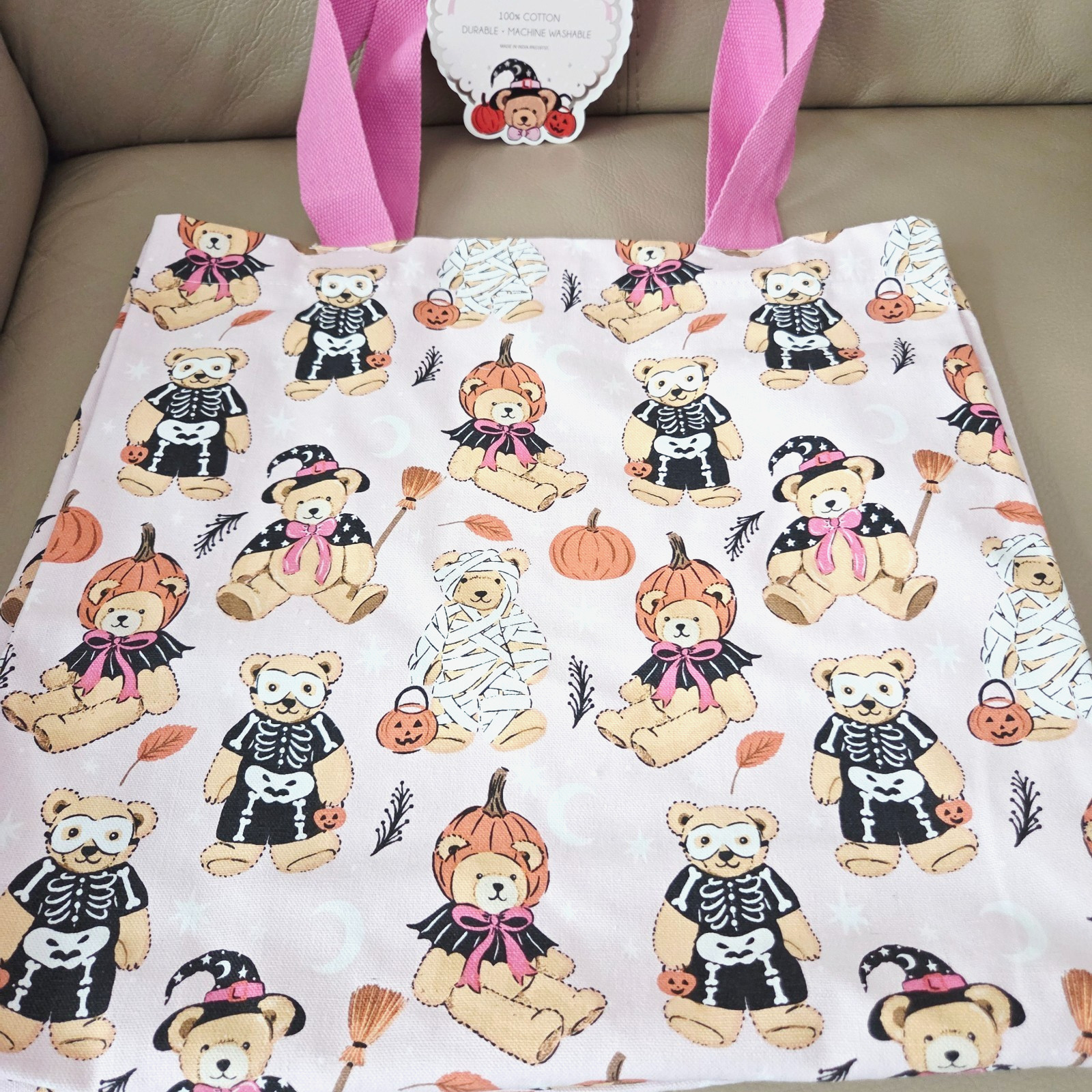 NEW TIKTOK VIRAL Pink Halloween Teddy Bear Trick or Treat Tote Bag/Reusable Tote