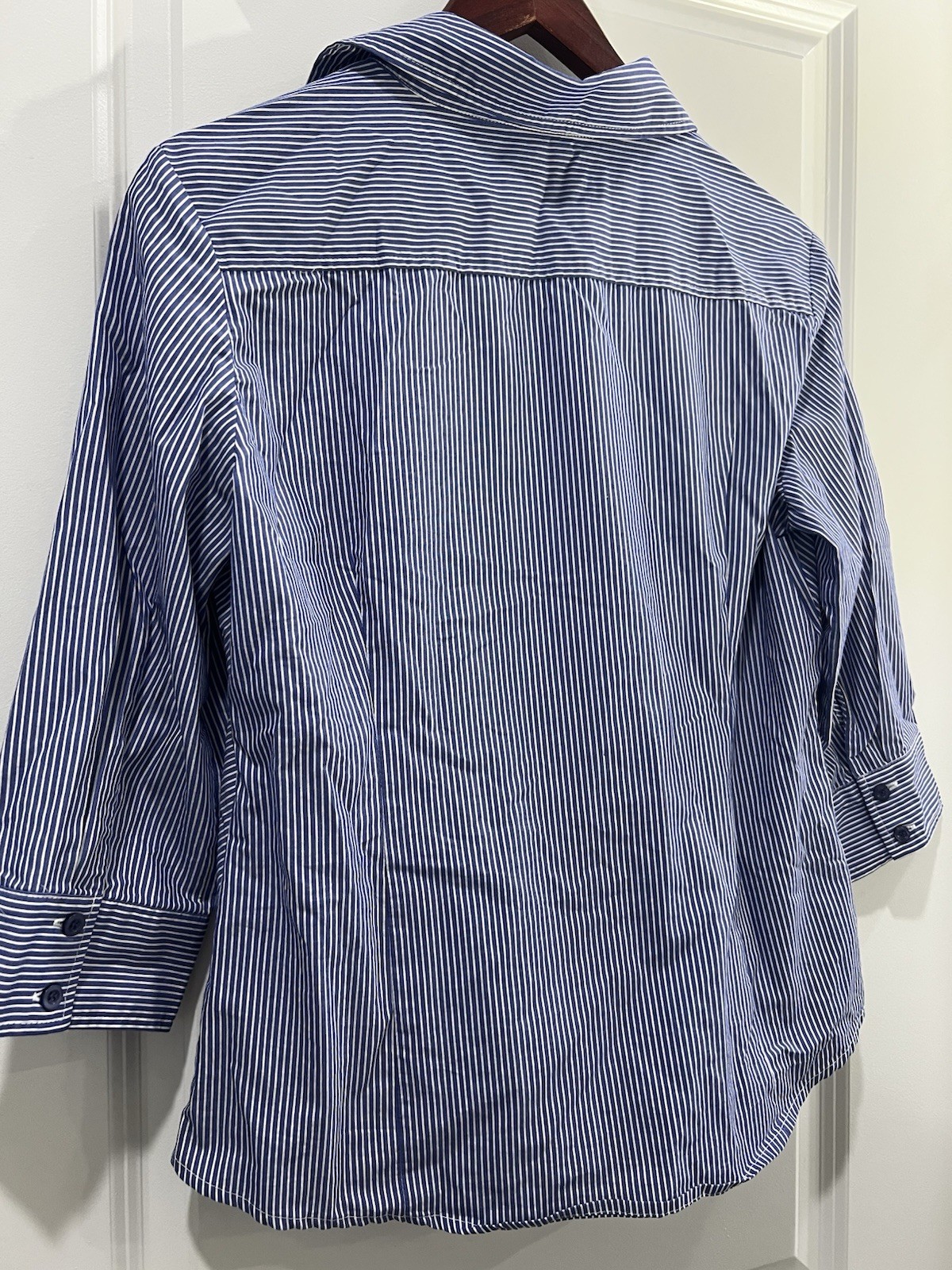 Beechers Brook Womens Blue White Striped Button Down Shirt Size M 3/4 Sleeve