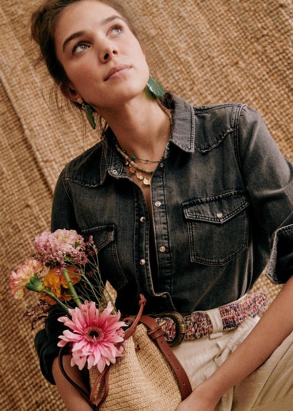 NWT Sezane Servanne Shirt in Bleached Black Chambray Snap Down Top 34 / US 2