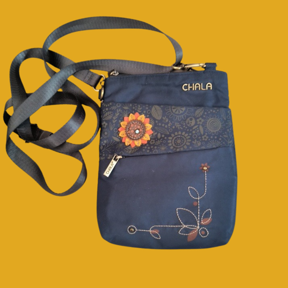 Chala Venture Sunflower Crossbody Bag Navy Blue RFID Cell Phone Purse NWOT