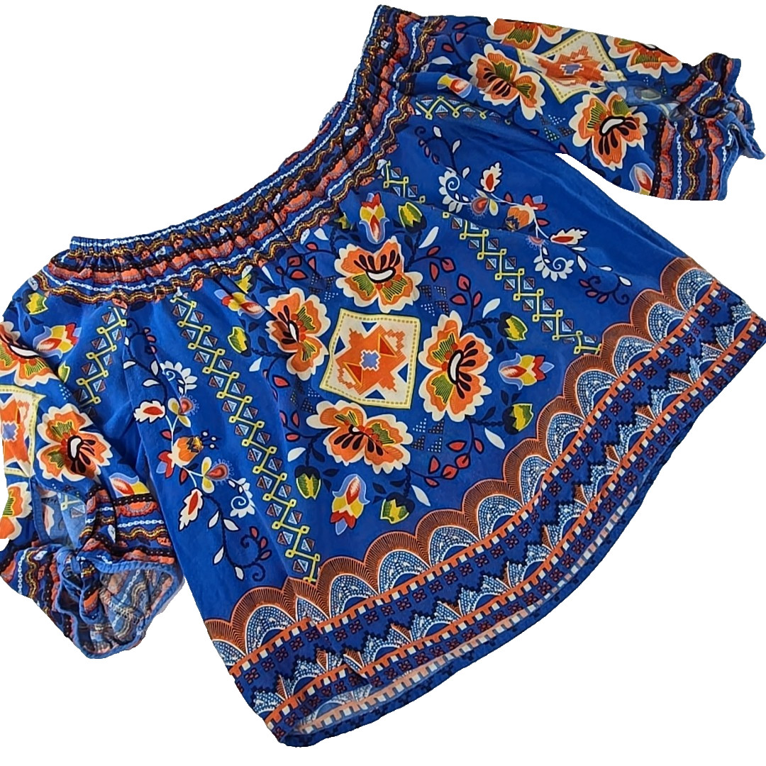 FLYING TOMATO WOMEN’S SIZE MEDIUM BLUE FLORAL OFF SHOULDER TOP 3/4 SLEEVE RAYON.
