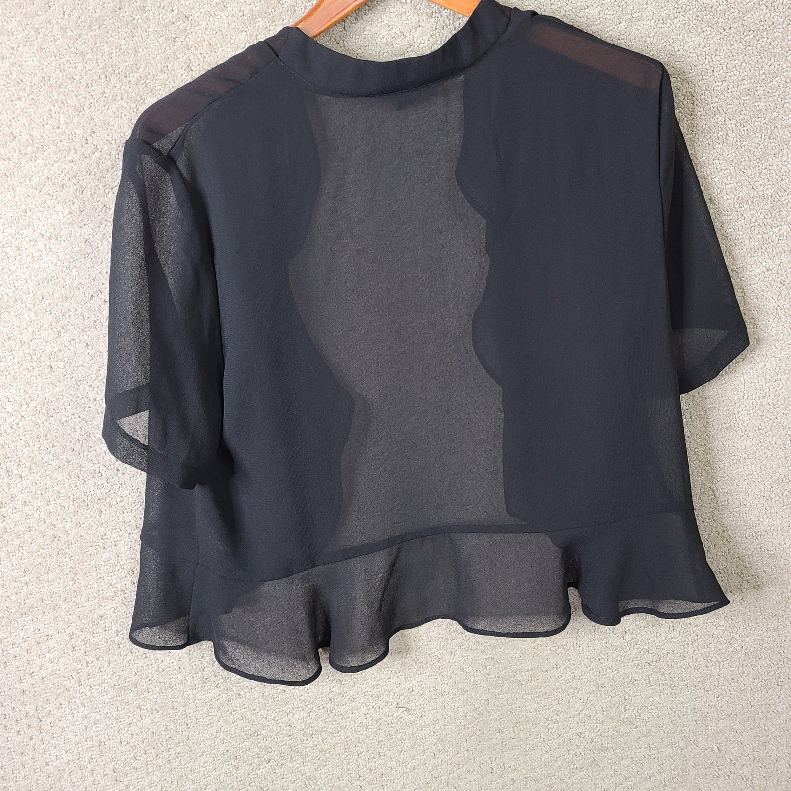 DN Design Shrug Womens 16 Black Ruffle Open Front Chiffon Polyester Sheer Casual