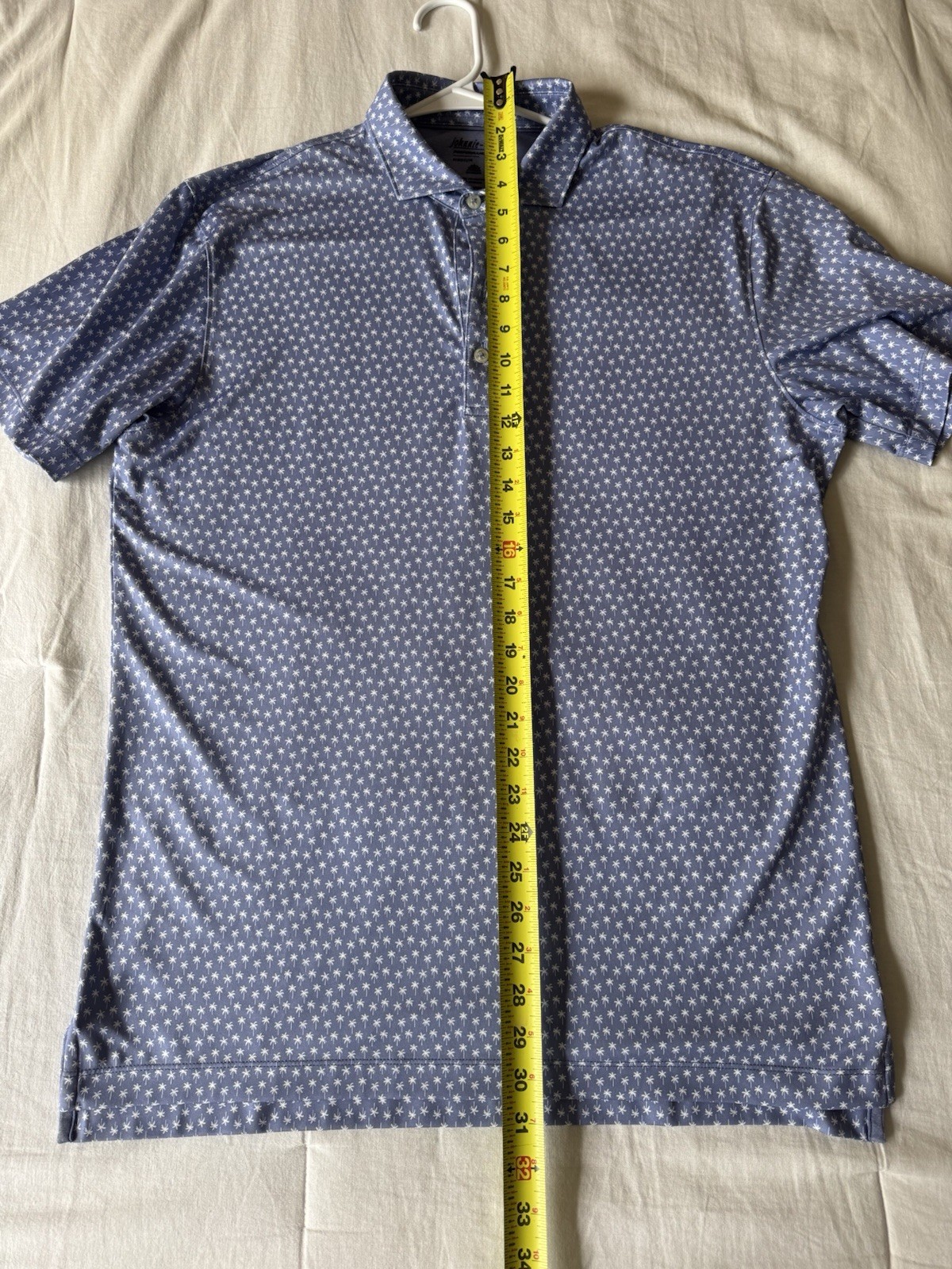 johnnie-O Performance Men’s Polo Shirt M Blue Palm Tree Print Stretch Golf