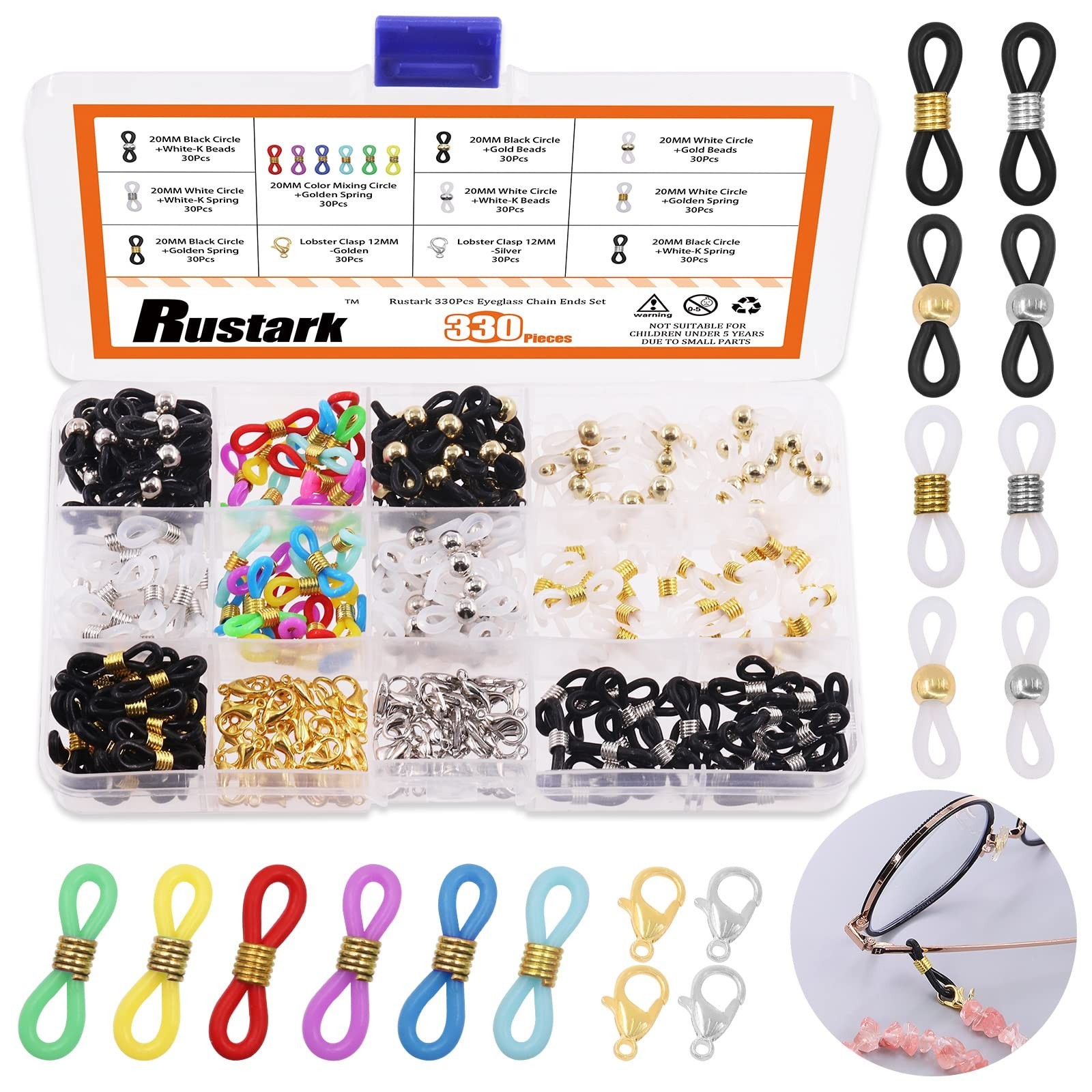 330Pcs Adjustable Silicone Eyeglass Chain Ends & Connectors, Anti-Slip Loops & C