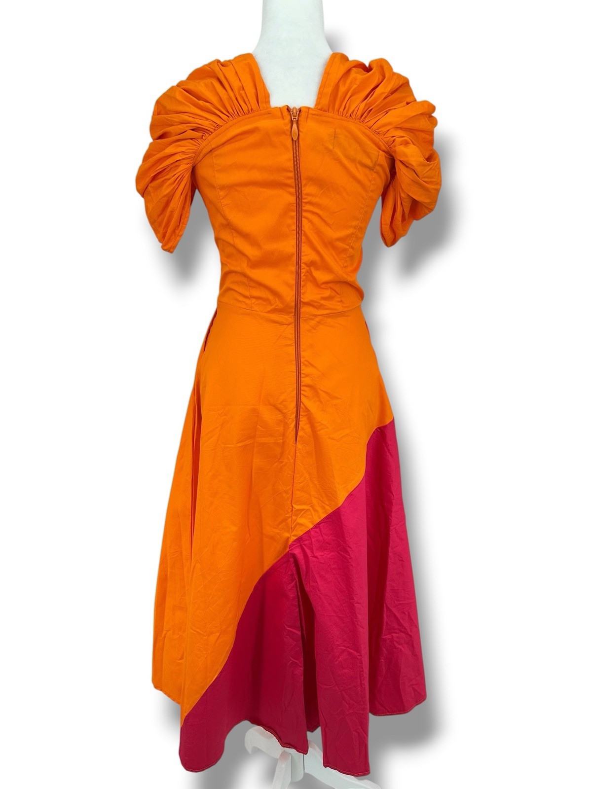 Colorblock Midi Dress Sz 6 Orange Pink Puff Slv Square Neck Dopamine Statement