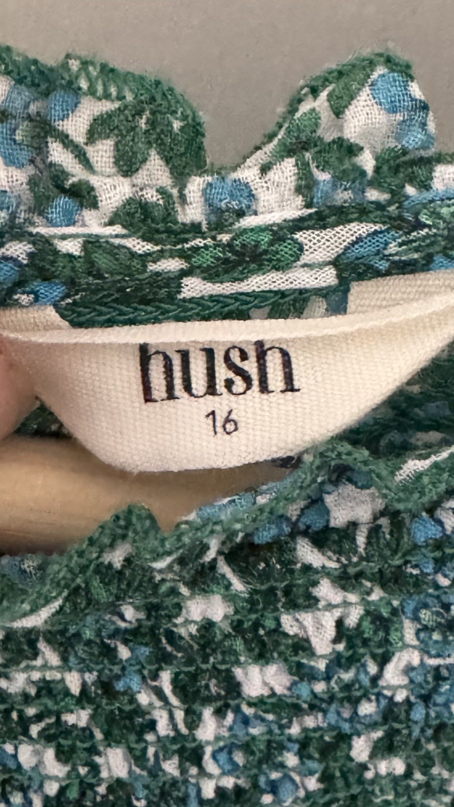 Hush Green Floral Smocked Blouse UK 16 100% Organic Cotton Boho Long Sleeve Top