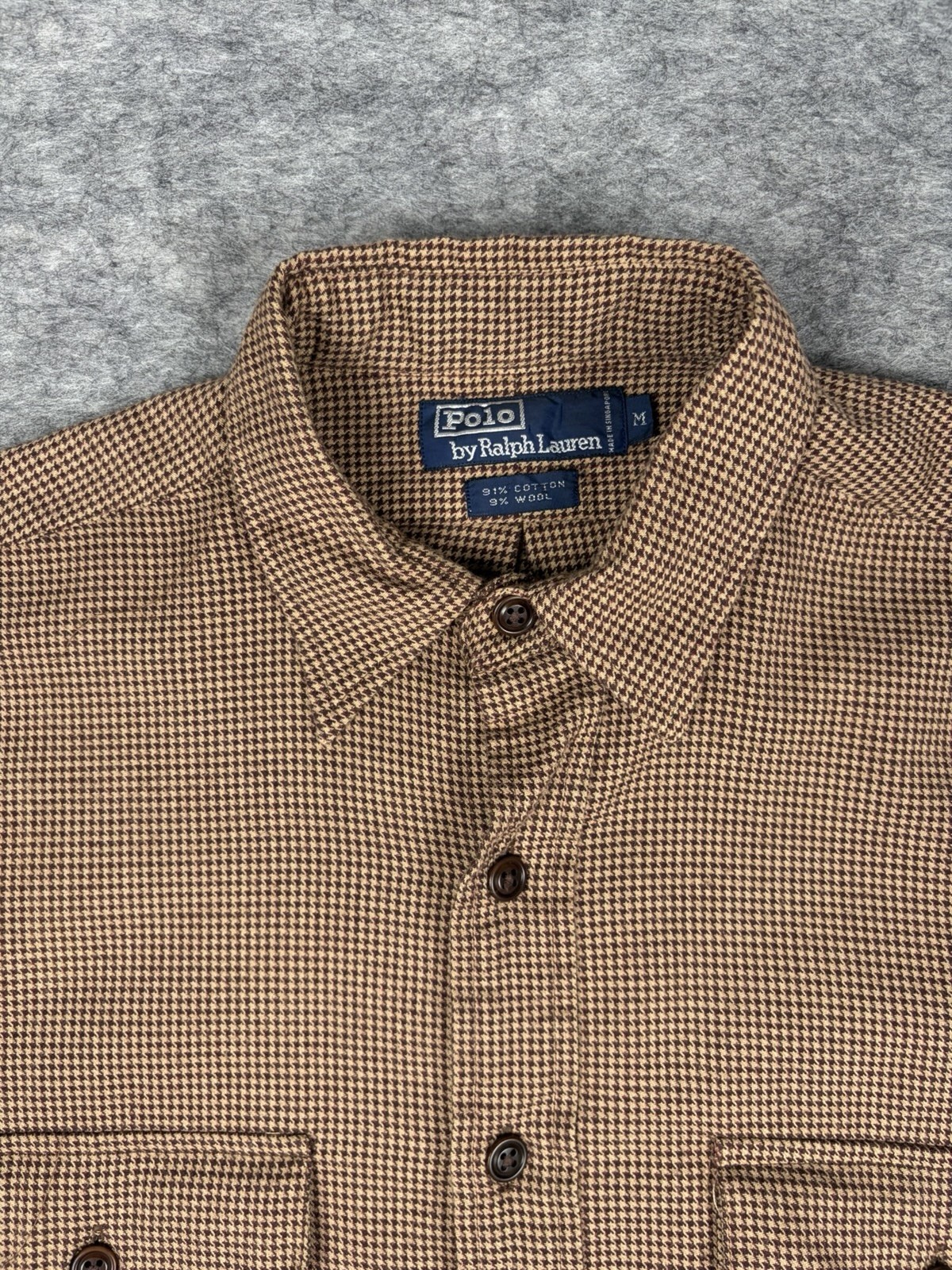 Vintage Polo Ralph Lauren Shirt Mens M Wool Blend Brown Houndstooth Long Sleeve