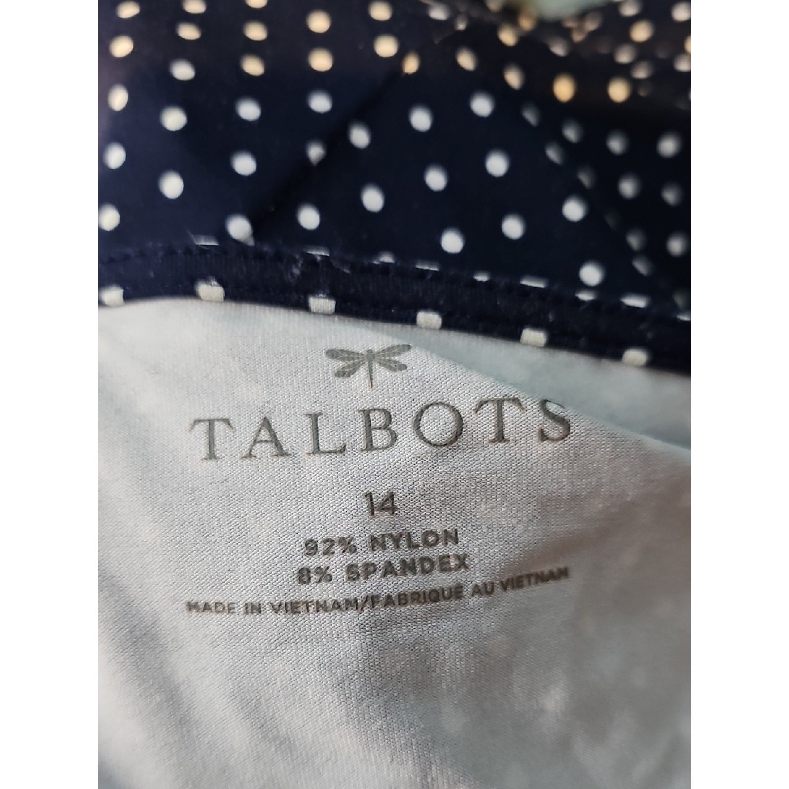 Talbots Size 14 Navy Polka Dot Mock Wrap Midi Dress