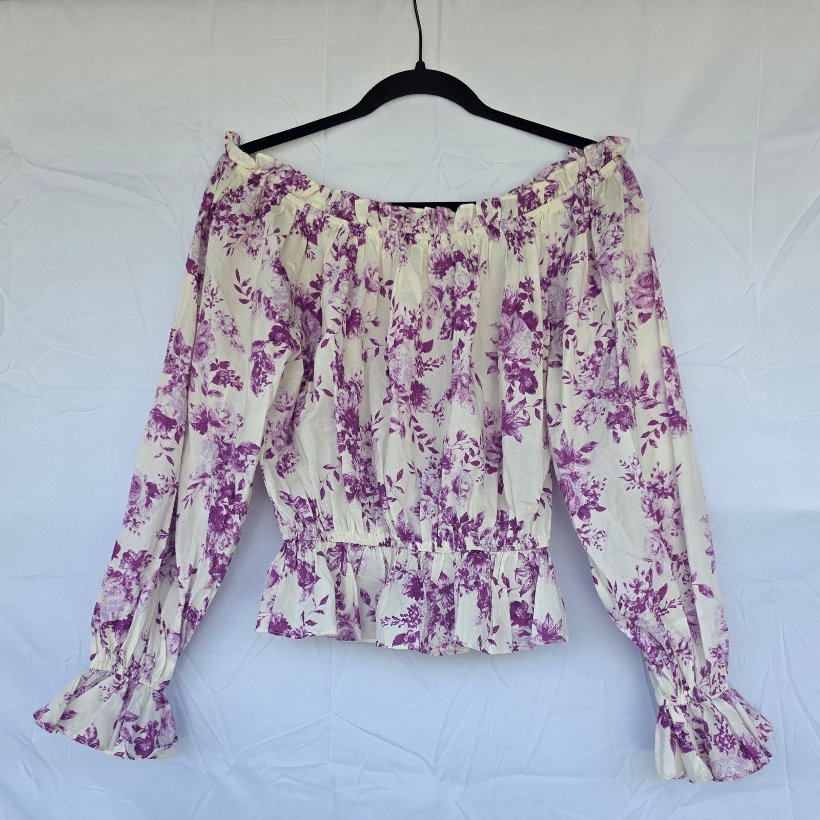 Flying Tomato Purple Floral Off The Shoulder Smocked Peplum Blouse Cotton Medium