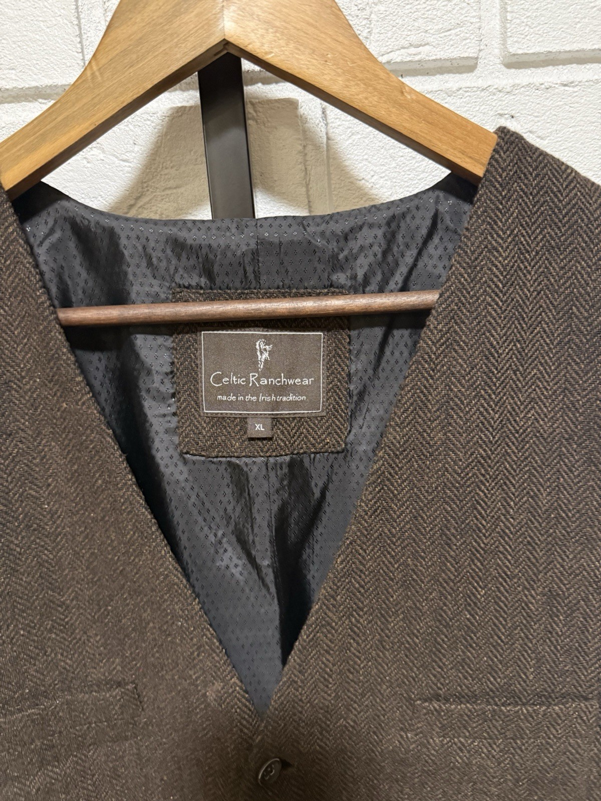 Celtic Ranchwear Herringbone Tweed Vest Mens L Waistcoat Lined Wool Blend Brown