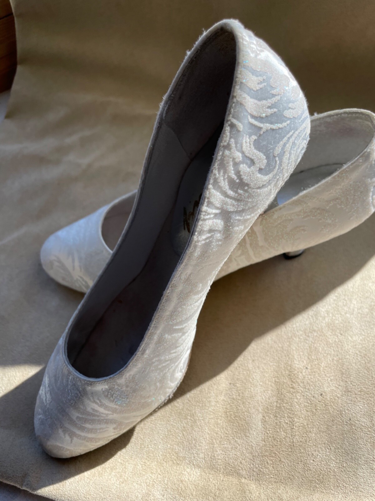 White Silk Damask Bridal or Ballroom or Theatre Dance Shoes by “Celebrity”