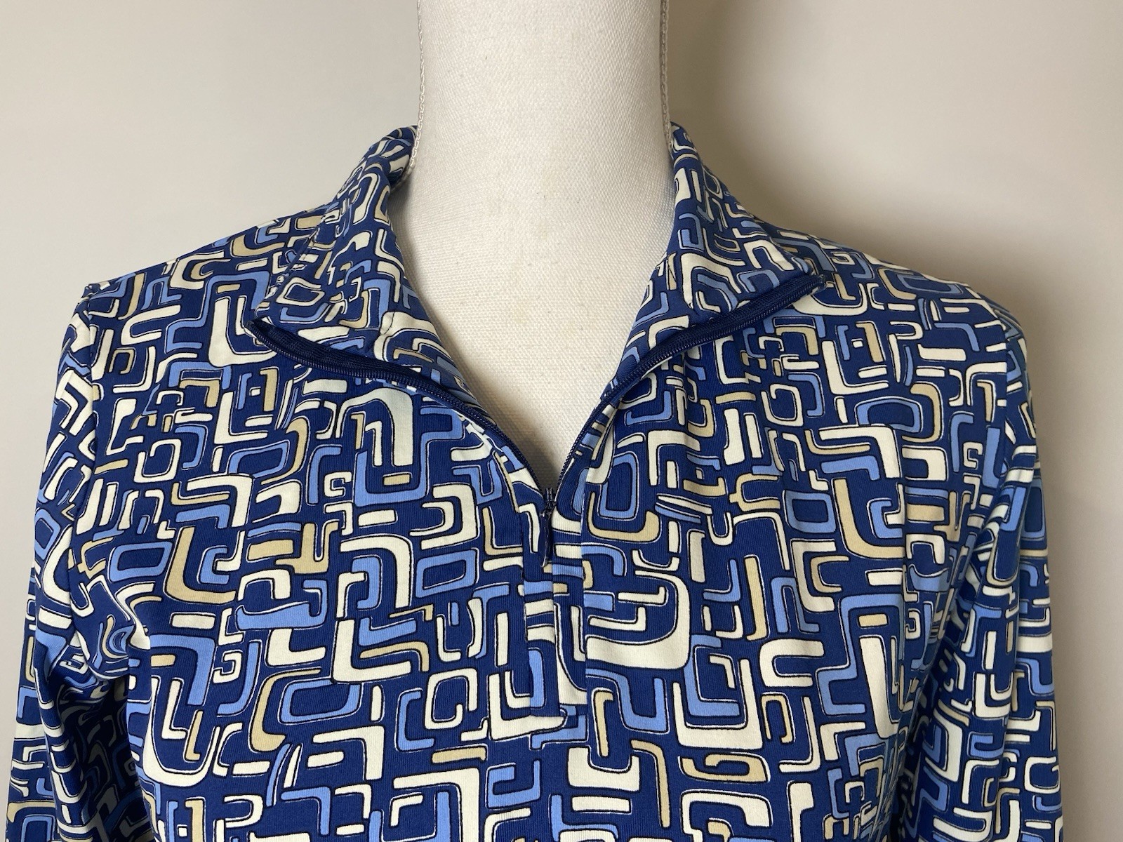 J.McLaughlin 1/4 Zip Shirt Stretch Navy Blue Cream Medium M