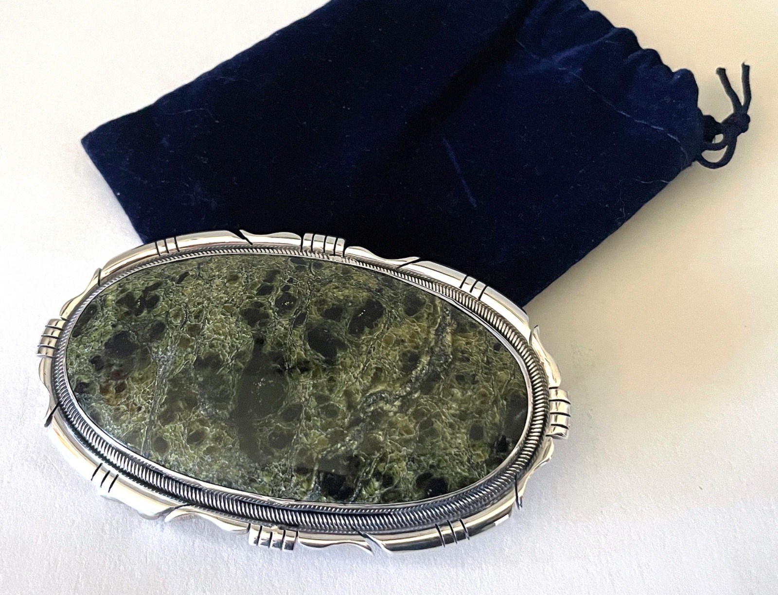 Unique B Johnson Sterling silver belt buckle with serpentine stone