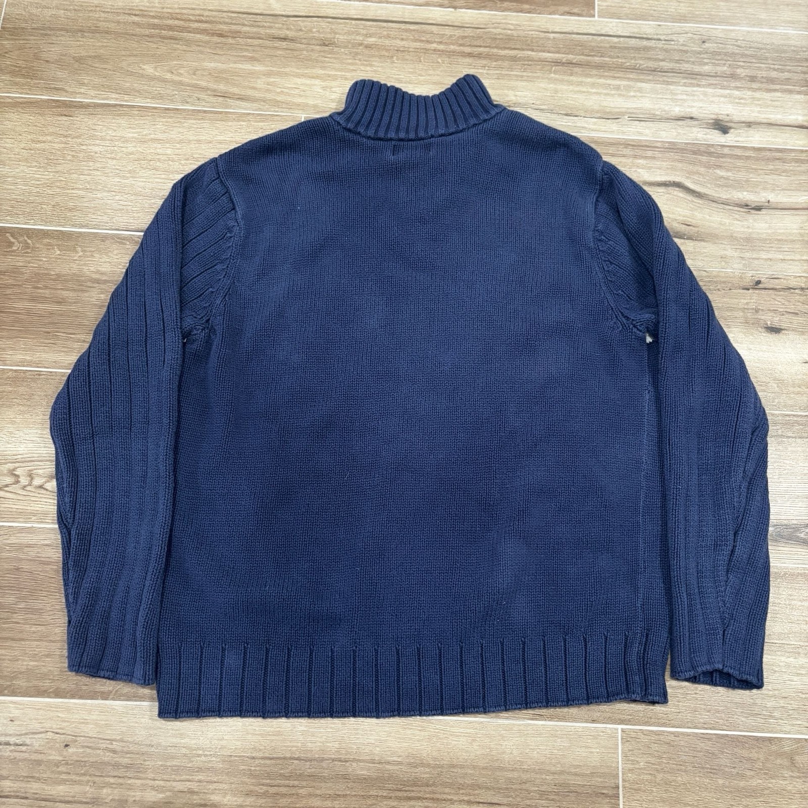 Polo Jeans Company Men’s Navy Blue & White Striped 1/4 Zip Knit Sweater